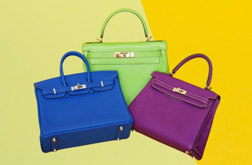 3 Hermes handbags from The Luxury Closet in blue, green, and purple