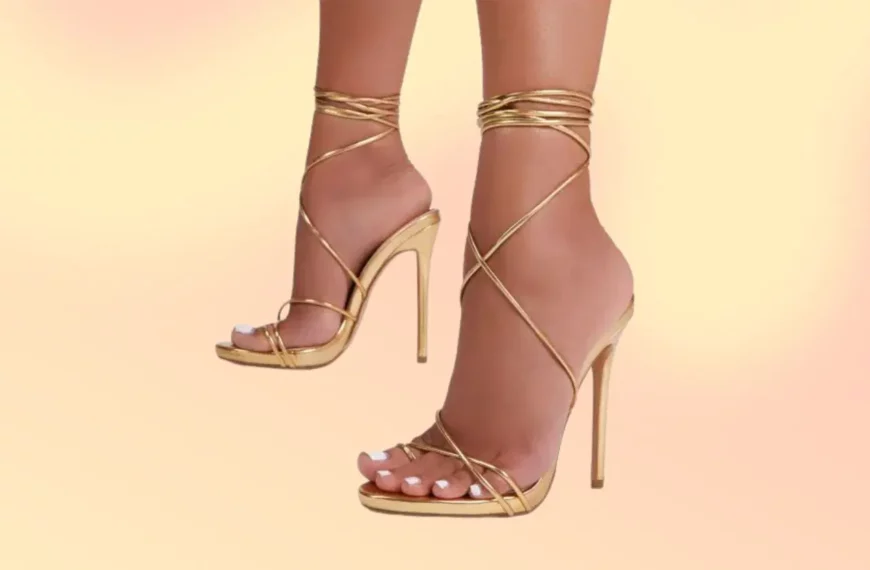 close up of person's feet wearing gold strappy heels from Ego Shoes