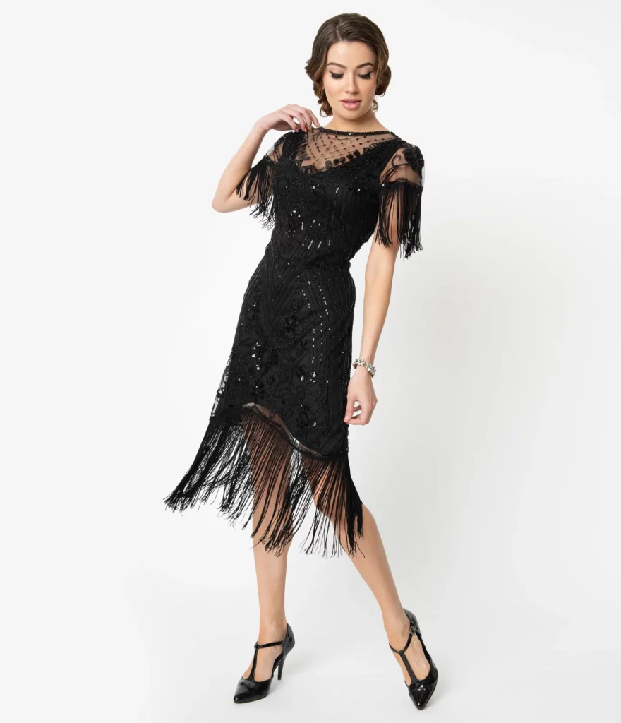 Unique Vintage Black Beaded Fringe Sleeve Nadine Flapper Dress
