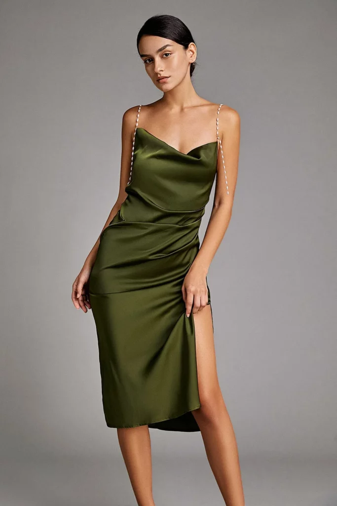 Dark Green Satin Faux-Pearl Strap Cowl Neck Side Slit Midi Dress
