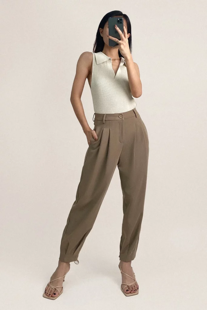 Tan Barrel Leg High Rise Pants